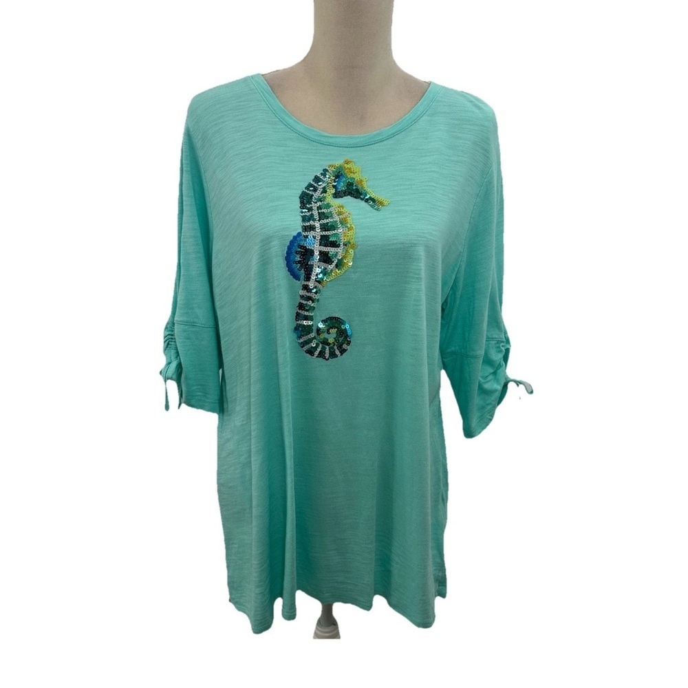 Quacker Factory Blue Nautical T-Shirt Womens Large 3/4 Sleeves Sequin Seashorse